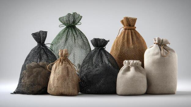 A collection of various burlap sacks and mesh bags in different textures and colors, showcasing artisanal craftsmanship. photo