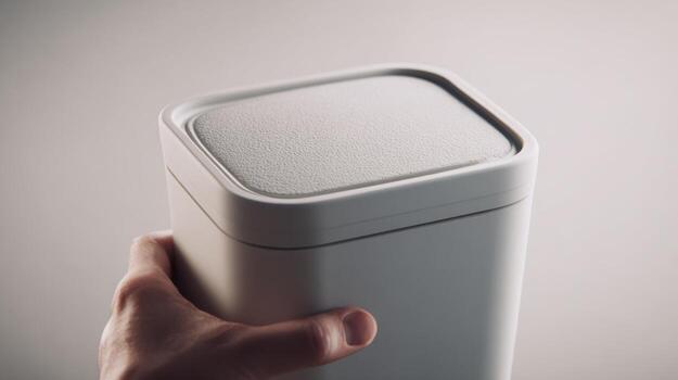 Hand holding a sleek, modern white container with a textured lid, perfect for home organization. photo