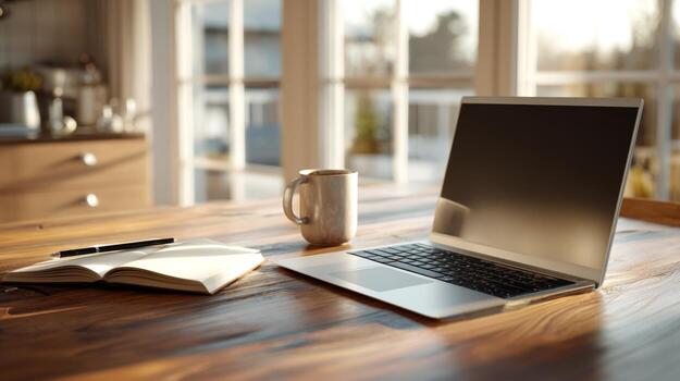A serene workspace featuring a laptop, notebook, and coffee mug, basking in soft natural light. photo