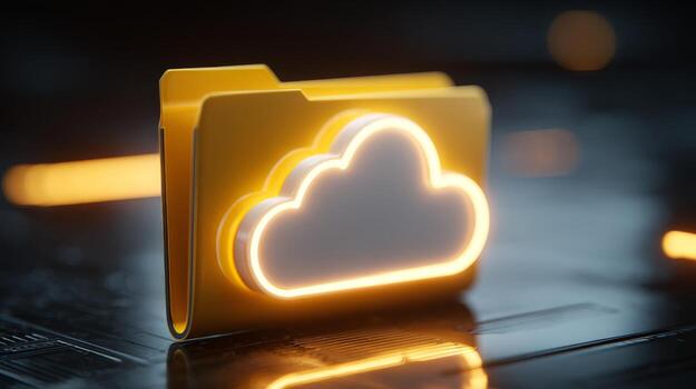 A glowing yellow folder with a cloud symbol, representing digital storage and online data management. photo