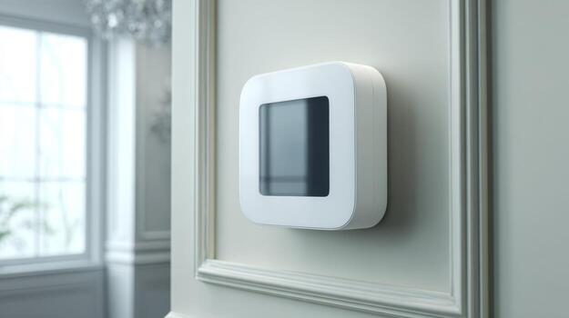 Sleek modern thermostat mounted on a wall in a bright, airy room, blending technology with elegant design. photo