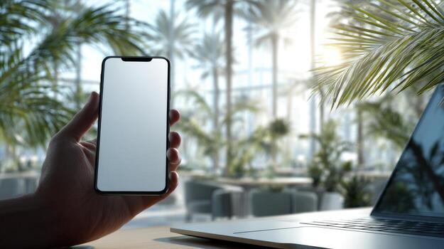 un persona sostiene un pulcro teléfono inteligente con un blanco pantalla, exhibiendo un moderno espacio de trabajo rodeado por lozano verdor. foto