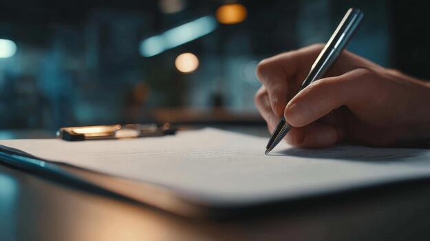 un de cerca de un de la persona mano escritura con un bolígrafo en un bloc en un acogedor, tenuemente iluminado espacio de trabajo foto