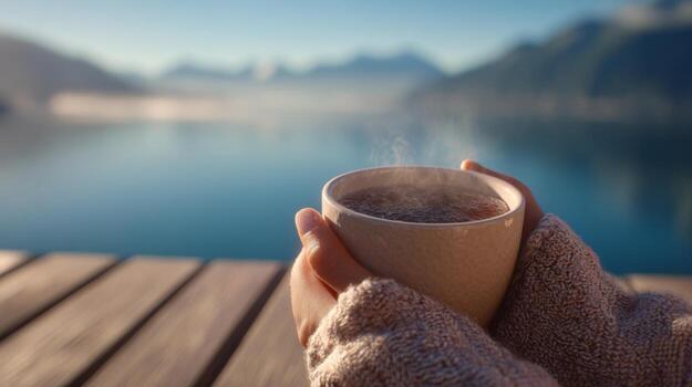 Warm hands holding a steaming cup of coffee, overlooking a scenic lake and mountains, creating a cozy and tranquil atmosphere. photo
