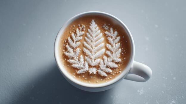 A beautifully crafted latte art featuring fern-like patterns atop a cup of coffee against a soft gray background. photo
