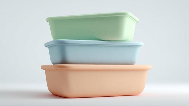 Stacked pastel containers in green, blue, and peach against a light background. photo