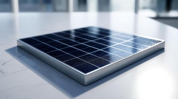 A sleek solar panel rests on a marble surface, showcasing its modern design and efficient technology. photo