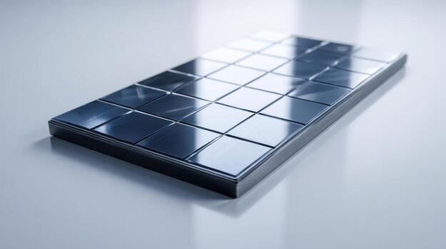 A sleek, modern solar panel module with a glossy finish, showcasing solar cells in a grid layout. photo