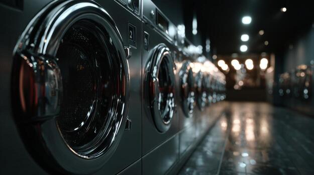 Modern laundry room featuring shiny washing machines lined up, creating a sleek and stylish atmosphere. photo