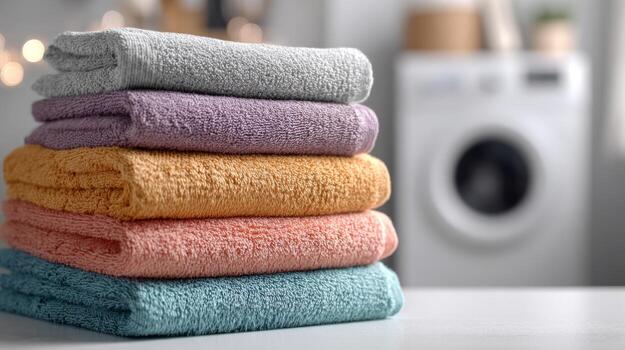un apilar de felpa toallas en pastel colores, agregando calor y comodidad a un sereno lavandería habitación ajuste. foto
