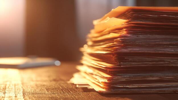 A stack of documents illuminated by warm sunlight, showcasing the intricate texture of paper and organized clutter. photo