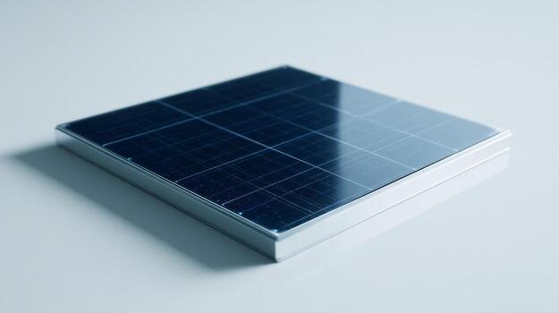 Close-up of a modern solar panel with a sleek design, showcasing its photovoltaic cells against a minimalistic background. photo