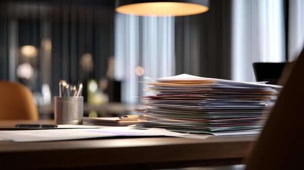 A cluttered desk with a large pile of paperwork and office supplies, reflecting a busy work environment. photo