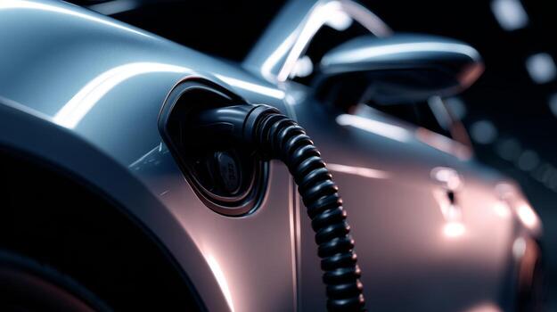 A close-up of an electric vehicle charging port, showcasing sleek design and innovative technology, illuminated in a modern setting. photo