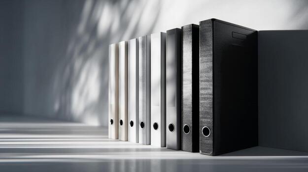 A minimalistic arrangement of eight folders in varying shades of white and black, casting soft shadows on a sleek surface. photo