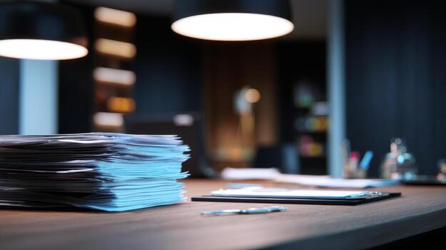 A cluttered office desk featuring stacks of paperwork, a clipboard, and a pen, illuminated by soft overhead lighting. photo