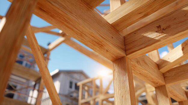 Close-up view of a wooden framework under construction, highlighting precision craftsmanship and structural detail. photo