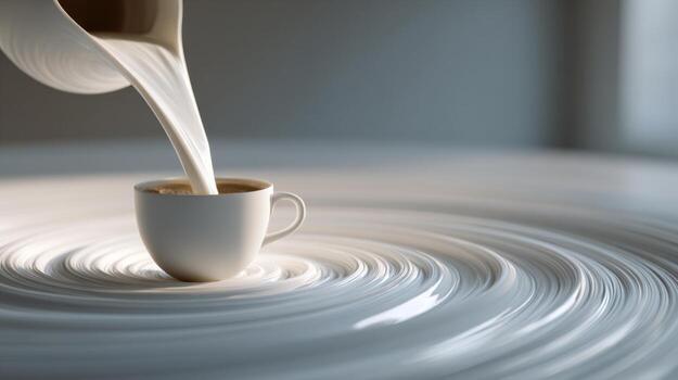 A serene image of creamy milk being poured into a white cup, creating beautiful swirling patterns on a smooth surface. photo
