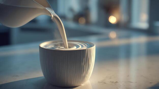 A serene scene of milk being poured into a textured bowl, highlighting the smooth flow and soft morning light. photo