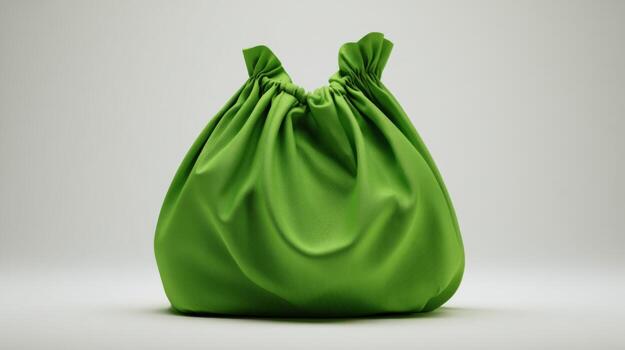 A vibrant green fabric bag with a rounded shape, displaying a soft and casual design against a light background. photo