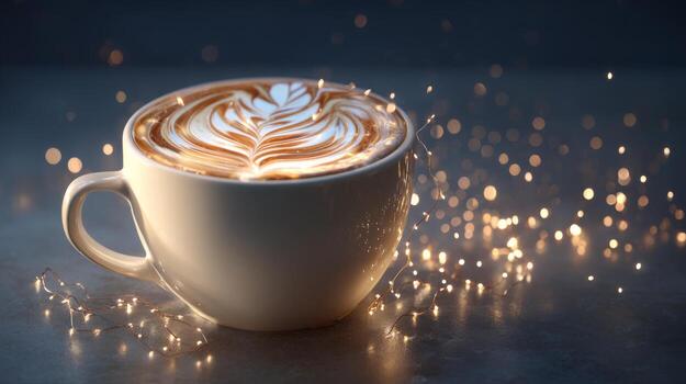 A beautifully crafted latte art sitting in a white cup, surrounded by glowing fairy lights creating a warm, inviting atmosphere. photo
