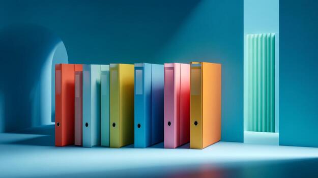 A vibrant collection of colorful binders arranged neatly, set against a soft blue backdrop, evoking a sense of organization and creativity. photo