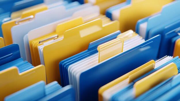 Colorful file folders in blue and yellow, organized neatly in an office setting, creating a vibrant and professional atmosphere. photo
