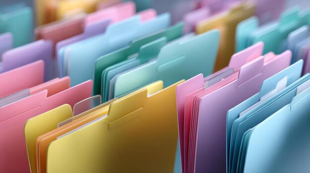 Colorful collection of filing folders in various pastel shades, representing organized documentation and efficient office management. photo