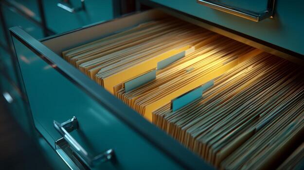 A close-up view of a filing cabinet drawer with neatly organized yellow file folders, illuminated from within, creating a warm glow. photo