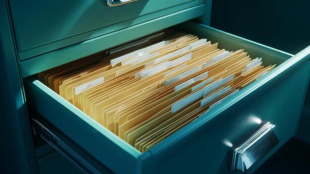 A well-organized file cabinet drawer filled with neatly arranged folders and documents. photo