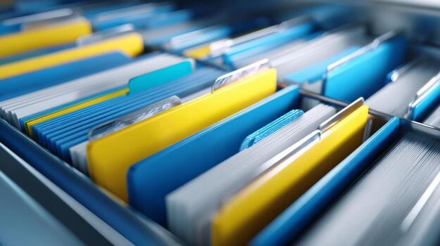 A vibrant collection of blue and yellow file folders organized neatly in a filing cabinet. photo