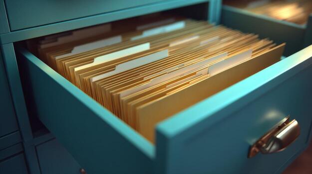 Close-up of an open teal cabinet drawer filled with neatly arranged golden file folders. photo
