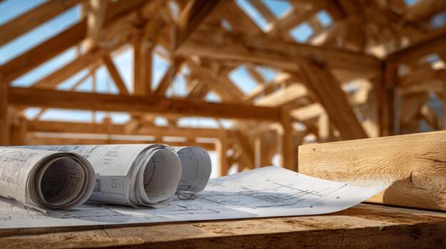 Detailed construction blueprints rest on a wooden surface, with a frame of a house under construction in the background. photo
