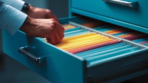 Close-up of a hand retrieving colorful files from a teal filing cabinet, highlighting organization and attention to detail. photo
