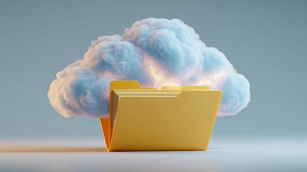 A vibrant yellow folder bursts with a fluffy cloud above it, symbolizing digital storage and creativity. photo