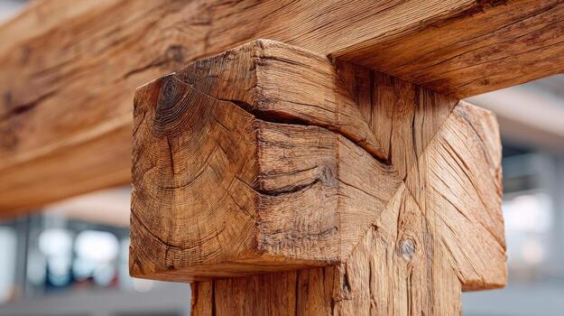 Close-up of a rustic wooden beam joint, showcasing intricate grain patterns and texture in natural light. photo