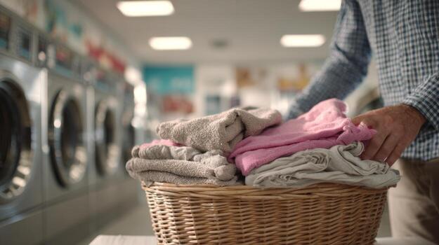 A man sorts freshly laundered towels at a laundromat, showcasing a colorful display of soft fabrics in a warm, inviting setting. photo
