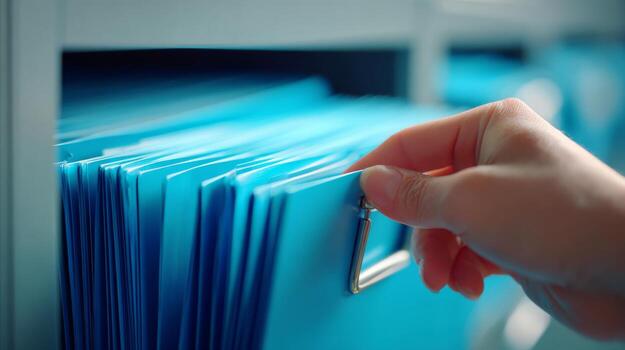 A close-up of a hand retrieving a blue folder from an organized filing cabinet. photo