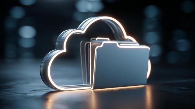 A high-tech glowing cloud icon with virtual folders, symbolizing cloud storage and data management. photo