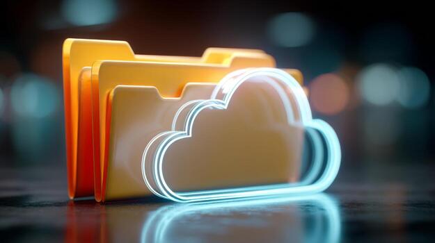 Illustration of digital storage with yellow folders and a glowing cloud icon, symbolizing cloud computing and data management. photo
