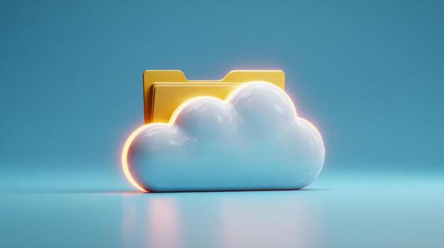 A stylized cloud storage icon featuring a glossy white cloud with a golden folder, symbolizing digital storage solutions. photo