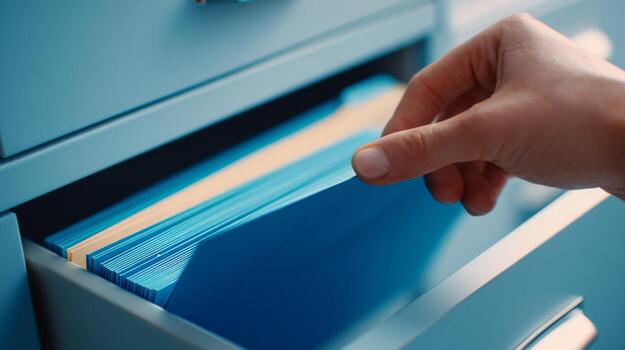 A close-up of a hand reaching for blue file folders in a filing cabinet, representing organization and productivity. photo
