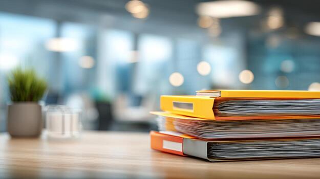 Three orange and gray binder files stacked on a wooden desk in a modern office setting, with a blurred background of the workspace. photo