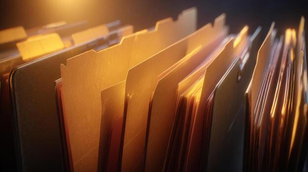 Interior view of illuminated file folders in a dark setting, showcasing organization and structure. photo