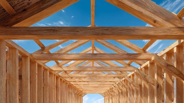 A view of a wooden frame structure under a clear blue sky, showcasing the intricacies of construction. photo