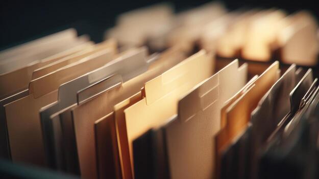 Close-up of organized file folders showcasing a warm palette, conveying a sense of order and professionalism. photo