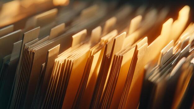 Golden-hued file folders stacked closely together, capturing the warmth of sunlight in an organized workspace. photo