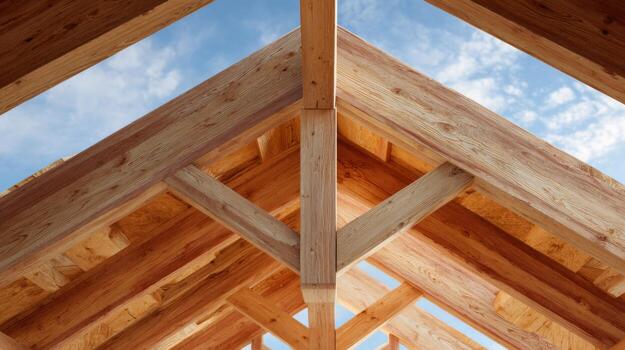 Close-up view of a wooden roof structure with a clear blue sky in the background, showcasing intricate beam details. photo