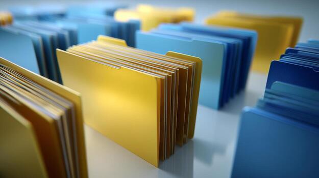 A close-up view of organized blue and yellow file folders creating a sense of order and productivity. photo