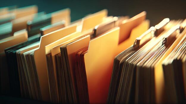 A close-up of organized file folders in soft lighting, showcasing a warm palette of yellow and brown tones. photo